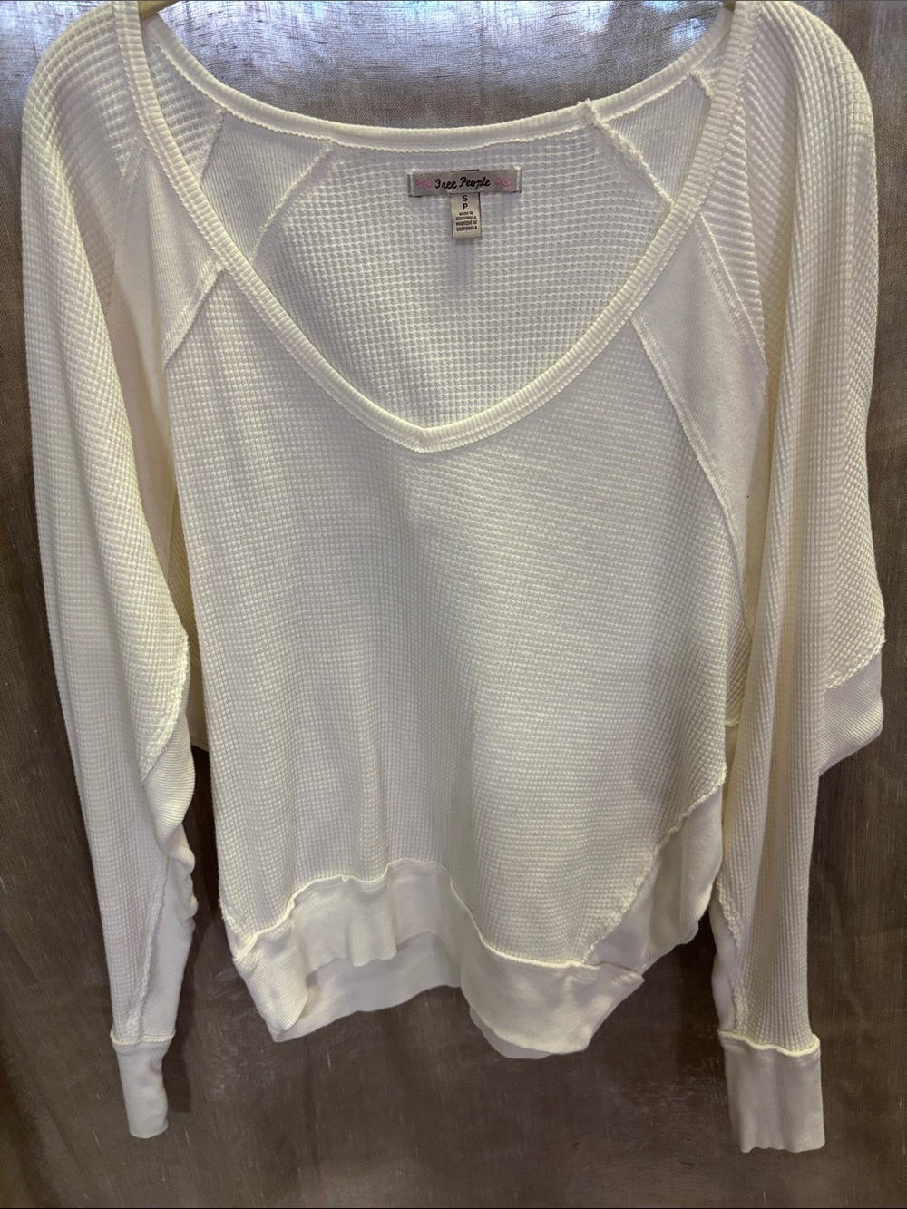 Free People Ivory Waffle V-Neck Long Sleeve Pullover